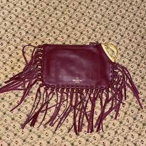 Valentino Burgundy Leather C Rockee Gryphon Fringe Clutch